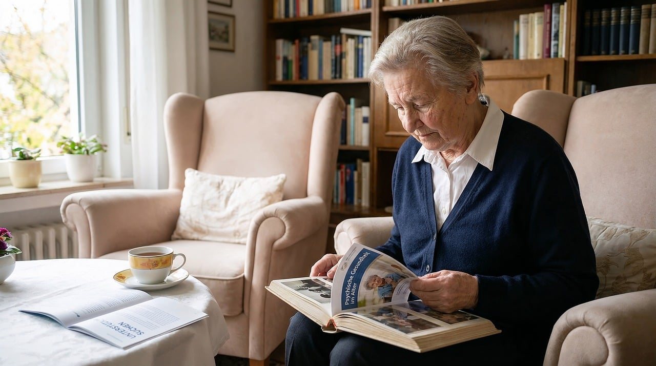 Äldre kvinna som sitter i en fåtölj och bläddrar i ett fotoalbum