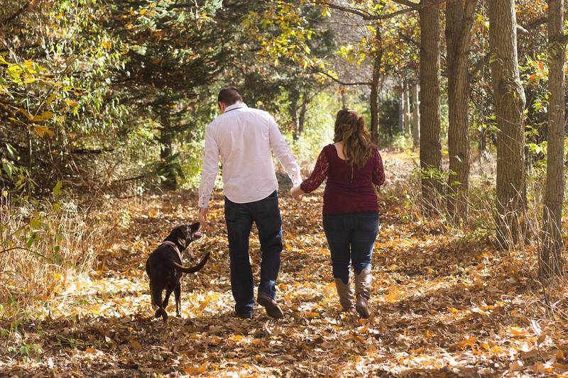 Ett par som går hand i hand med sin hund på en skogsstig full av höstlöv