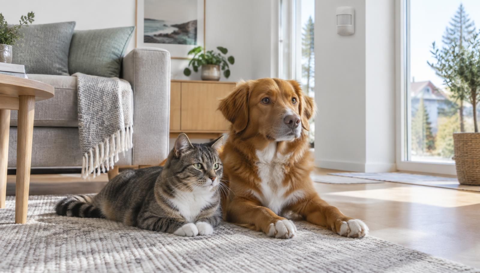 Hund och katt i ett hem med rörelsedetektor