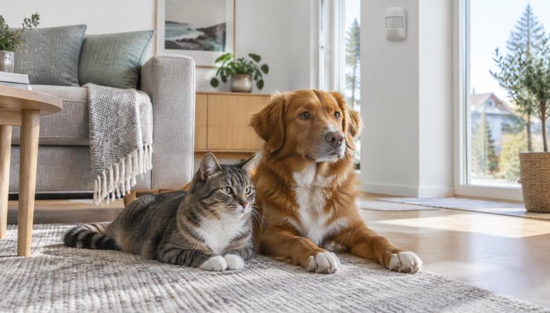 Hund och katt i ett hem med rörelsedetektor