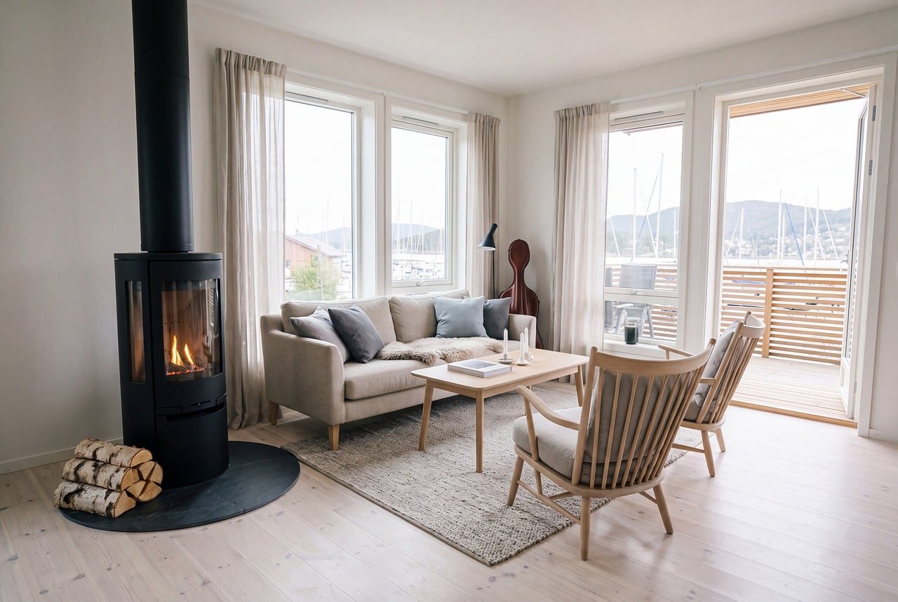 Ljust vardagsrum med en tänd braskamin, soffa och fåtöljer